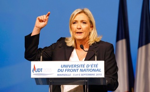 La présidente du Front Nationale, Marine Le Pen, lors des Universités d'été de son parti, à Marseille
