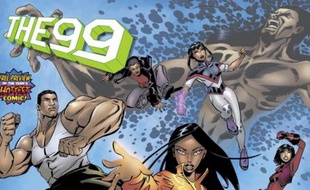 Couverture de la BD "Les 99" qui s'inspire du Coran et s'adresse aux jeunes musulmans. Lancée au Koweit en 2006, elle connaît un grand succès dans plusieurs pays arabes.