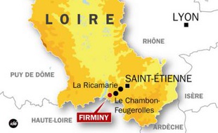 Carte de localisation de Firminy, du Chambon-Feugerolles et de La Ricamarie, près de Saint-Etienne (Loire).