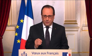 Capture d'écran de l'allocution télévisée de François Hollande présentant ses voeux pour 2016, le 31 décembre 2015 à l'Elysée à Paris