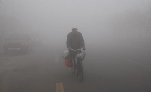 Un habitant de Harbin à vélo dans un brouillard de pollution, le 21 octobre 2013 dans le nord-est de la Chine