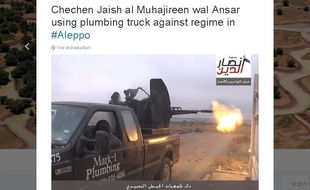 Tweet de Caleb Weiss montrant le pick-up d'un plombier texan conduit par des djihadistes syriens.