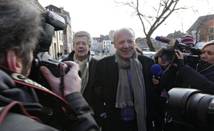 Lille, le 2 fevrier 2015. Ouverture du proces pour proxenetisme aggrave, affaire dite du carlton de Lille devant le tribunal correctionnel. Ici le charge de relations publiques Rene Kojfer arrive au tribunal en compagnie de son avocat, maitre Hubert Delarue.