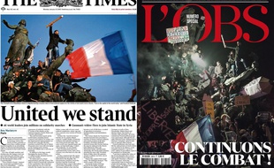 La couverture du Times le lundi 12 janvier et celle de L'Obs, le 14 janvier 2015.