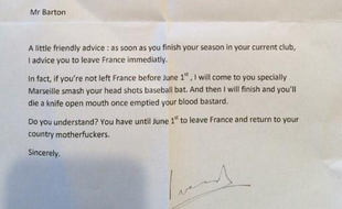 Capture d'écran d'une lettre de menace envoyée à Joey Barton