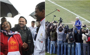 A gauche, la maire de Knysna en 2010 et Patrice Evra. A droite : Raymond Domenech lit la lettre des Bleus expliquant leur grève, lme 20 juin 2010, toujours à Knysna.