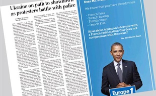 Un encart publicitaire d'Europe 1 dans le «Washington Post» interpelle le président américain Barack Obama, le 21 janvier 2014.