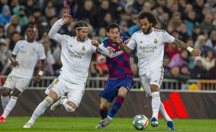 Sergio Ramos, Messi et Marcelo lors de Real Madrid-Barça, le 1er mars 2020 à Bernabeu.