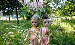 Illustration de poupées nues dans un parc.