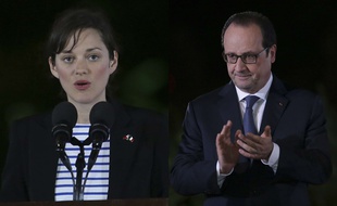 Montage: Marion Cotillard et François Hollande à Manille le 26 février 2015.