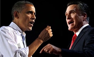 Photomontage de Barack Obama et Mitt Romney.