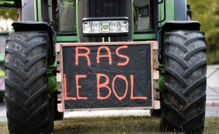 Une pancarte faisant état du "ras le bol" des éleveurs et agriculteurs lors d'une manifestation devant la préfecture de Rennes, le 2 juillet 2015