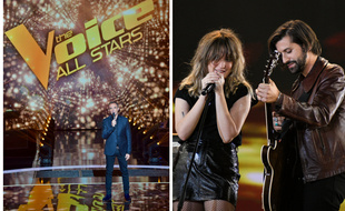 A gauche, Nikos Aliagas sur le plateau de The Voice All Stars, à droite, le groupe Bandit Bandit sur celui de The Artist.