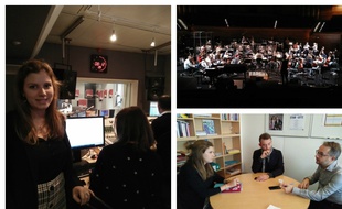 Notre lectrice, Camille, à la matinale de France Musique, lors des répétitions du concert Hip-Hop symphonique, et pendant sa rencontre avec Marc Voinchet, le directeur de France Musique, et Stéphane Grant, le délégué aux programmes.
