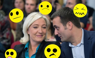 Collage Paint/SIPA de Florian Philippot, vice-président du FN et Marine Le Pen, le 12 octobre 2013 à Paris