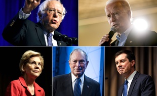 Les cinq candidats favoris de la primaire démocrate: Bernie Sanders, Joe Biden, Elizabeth Sanders, Michael Bloomberg et Pete Buttigieg.