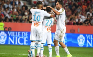 Les Marseillais fêtent un but lors de Nice-OM, le 28 août 2019.