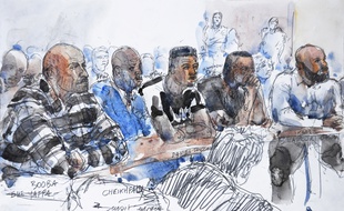 Dessin du procès de Booba et Kaaris, au tribunal de Créteil, jeudi 6 septembre 2018