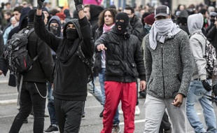 Des jeunes au cours d'affrontements avec des forces de police en marge d'une manifestation contre le Congrès du FN à Lyon le 29 novembre 2014