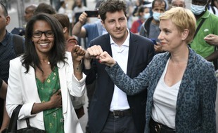 Audrey Pulvar, Julien Bayou et Clémentine Autain à Aubervilliers ce lundi après l'annonce de leur union en vue du second tour des régionales.
