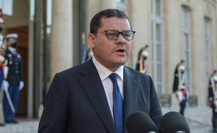 Le Premier ministre intérimaire lybien Abdelhamid Dbeibah, lors d'une visite à Paris le 1er juin 2021, à l'Élysée.