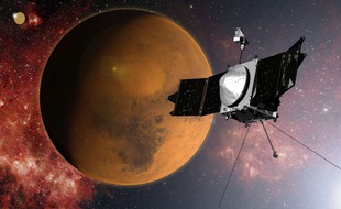 Vue d'artiste de la sonde Maven approchant Mars.