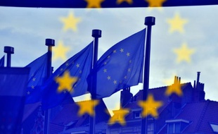 Des drapeaux européens flottent dans le ciel de Bruxelles, le 21 mai 2014