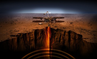 Vue d'artiste des instruments de la sonde de la Nasa InSight, qui s'est posée sur Mars le 26 novembre 2018.