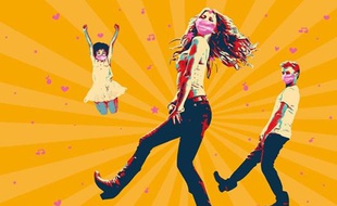 Danseurs masqués sur fond orangé