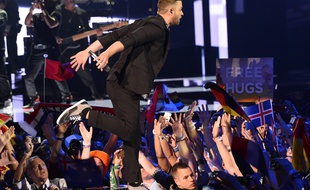 Justin Timberlake s'est produit lors de l'entracte de la finale de l'Eurovision, à Stockholm, le 14 mai 2016 à Stockholm (Suède).
