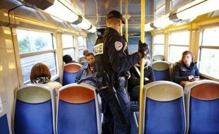 Un policier procède à des contrôles dans le RER D, le 13 octobre 2015 entre Saint-Denis et Orry-la-Ville