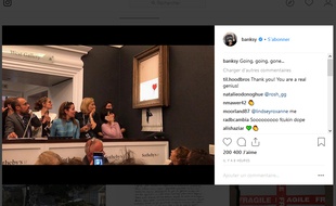Capture d'écran du post Instagram de l'artiste Banksy, montrant une de ses oeuvres, tout juste vendue chez Sotheby's s'autodétruire.