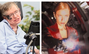 Collage SIPA/20Minutes/Fotor du pshysicien Stephen Hawking et de l'actrice Kriatina Loken dans "Terminator 3 Rise of the Machines" (2003)