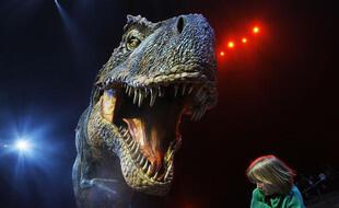 Une petite fille est effrayée par une réplique à échelle 1:1 d'un Tyrannosaure Rex exposée à l'O2 Arena de Londres, le 18 mars 2009.