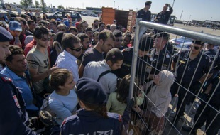 Des policiers autrichiens encadrent des migrants et des réfugiés qui attendent de monter dans des bus, le 12 septembre 2015 près de Nickelsdorf, à la frontière avec la Hongrie