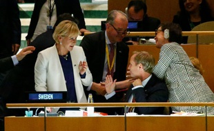 La ministre suédoise des Affaires étrangères après l'élection de son pays au Conseil de sécurité de l'ONU, le 28 juin 2016 à New York