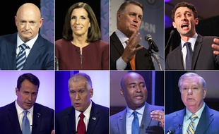 Les candidats au Sénat américain Mark Kelly, Martha McSally, David Perdue, Jon Ossoff, Cal Cunningham, Thom Tillis, Jaime Harrison et Lindsey Graham.
