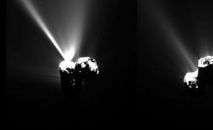 Série d'images prise le 12 août 2015 par la caméra Osiris de la sonde Rosetta et publiée le 13 août 2015 par l'agence européenne de l'espace et montrant des jets de gaz de la comète Tchouri