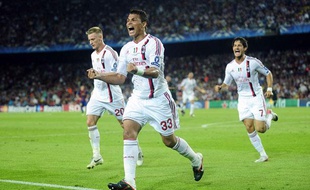 Thiago Silva, après son but contre Barcelone en Ligue des Champions, au Camp Nou, le 13 septembre 2011.