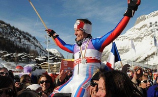 Le skieur français Julien Lizeroux, médaillé d'argent en slalom aux championnats du monde de Val d'isère, le 15 février 2009.