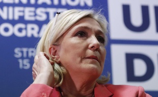 Marine Le Pen, le 15 avril 2019, lors d'une conférence de presse à Strasbourg.