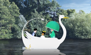 Dilili à Paris, ici dans un lac du Bois de Boulogne