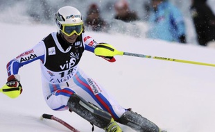La skieuse française Sandrine Aubert, lors du slalom de Zagreb, le 4 janvier 2009.