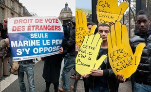 Des militants du Front national (à gauche) et de SOS Racisme (à droite) lors de rassemblements devant le Sénat, le 8 décembre 2011, à Paris.