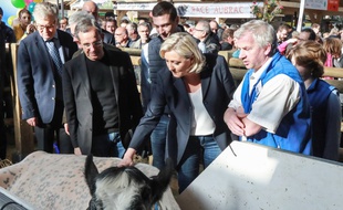 Jordan Bardella, derrière Marine Le Pen (à sa gauche), devant la vache Imminence au Salon de l'Agriculture, le 28 février 2019.