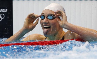 La nageuse française Camille Muffat, lors de sa victoire aux Jeux olympiques de Londres, le 30 juillet 2012 sur l'épreuve du 400m nage libre.