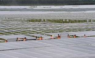 Des ouvriers installent des panneaux solaires à Cestas (Gironde) la plus importante centrale solaire d'Europe, le 19 mai 2015