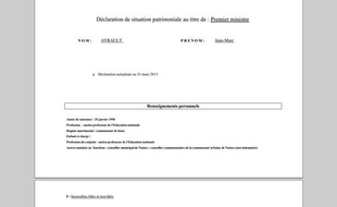 Capture écran de la déclaration de patrimoine du Premier ministre Jean-Marc Ayrault, rendue publique sur le site dédié du gouvernement, le 15 avril 2013.