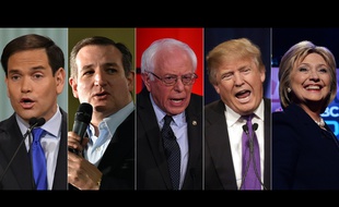 Photomontage des candidats Marco Rubio, Ted Cruz, Bernie Sanders, Donald Trump et Hillary Clinton.