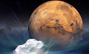Une peinture artistique représente la comète Siding Spring et la planète Mars